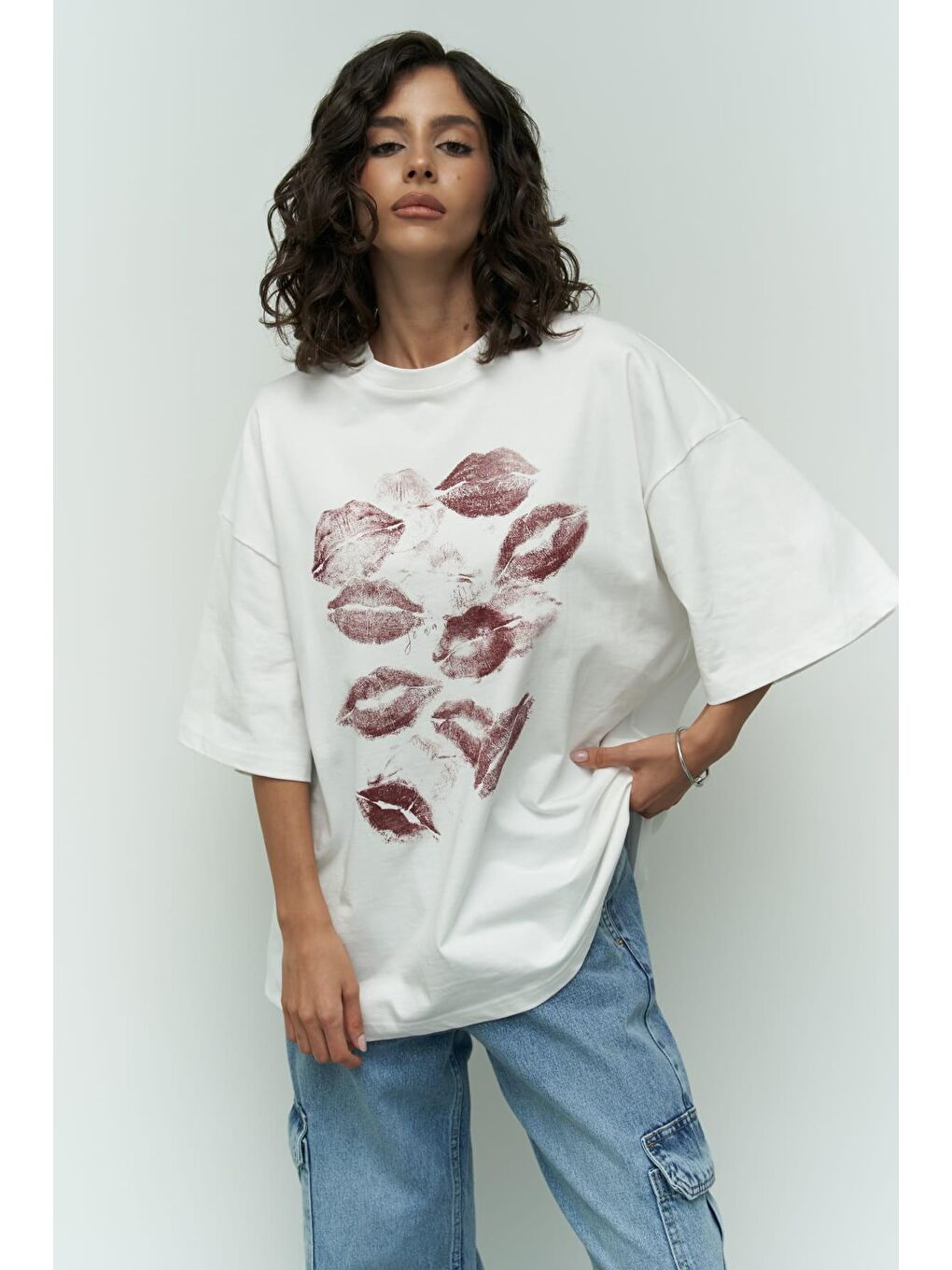 Mai Collection Lips Beyaz Oversize T-Shirt