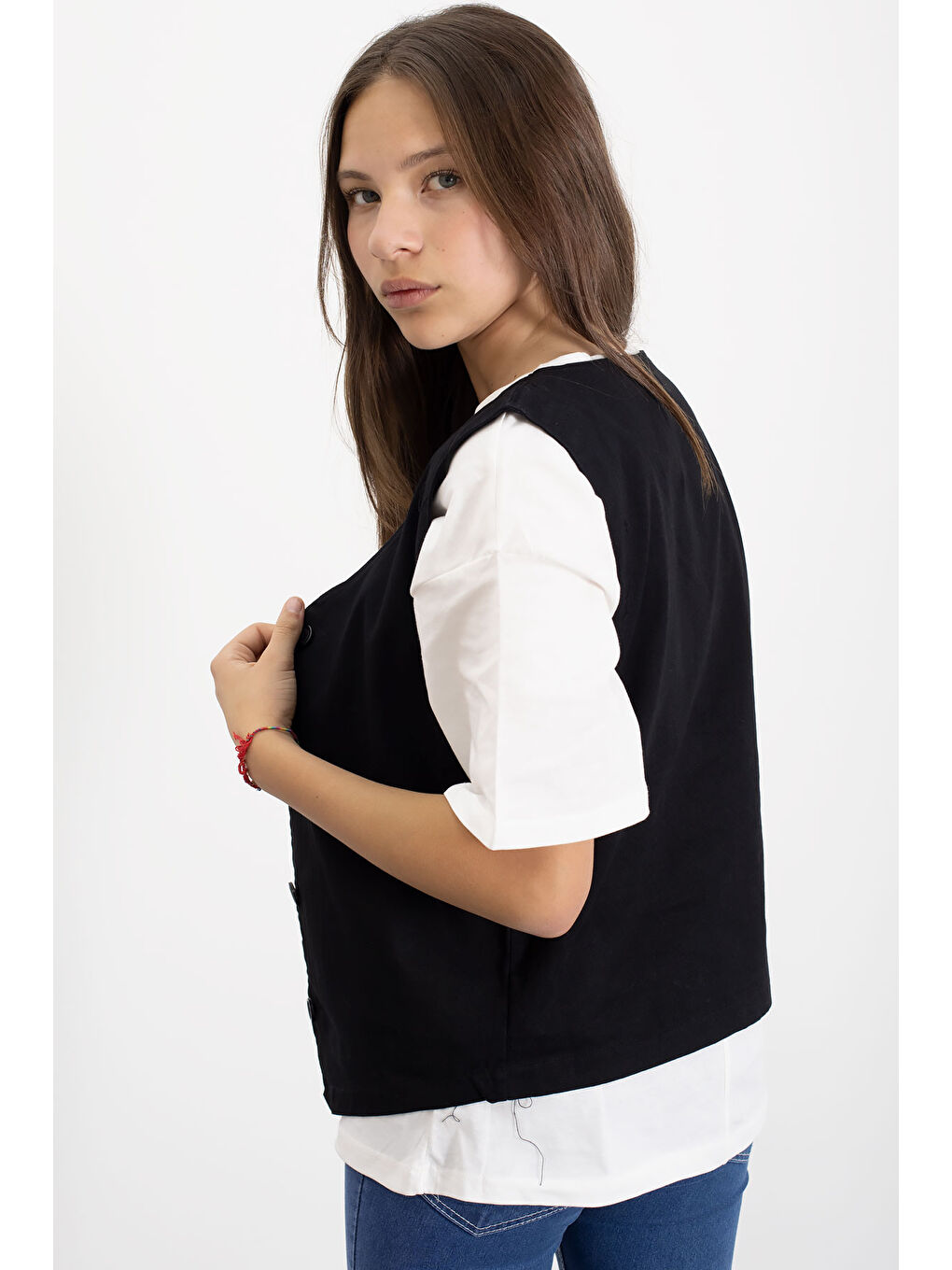 Siyah Keten Düğmeli Yelekli Oversize Tişörtlü Kız Çocuk 2li Takım 21006-4