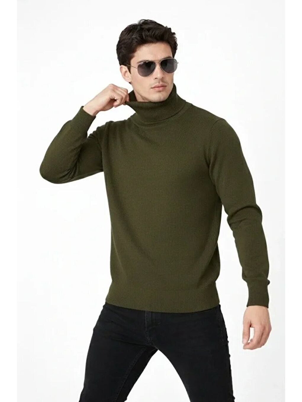 Haki Tam Boğazlı Balıkcı Yaka Triko Kazak-1