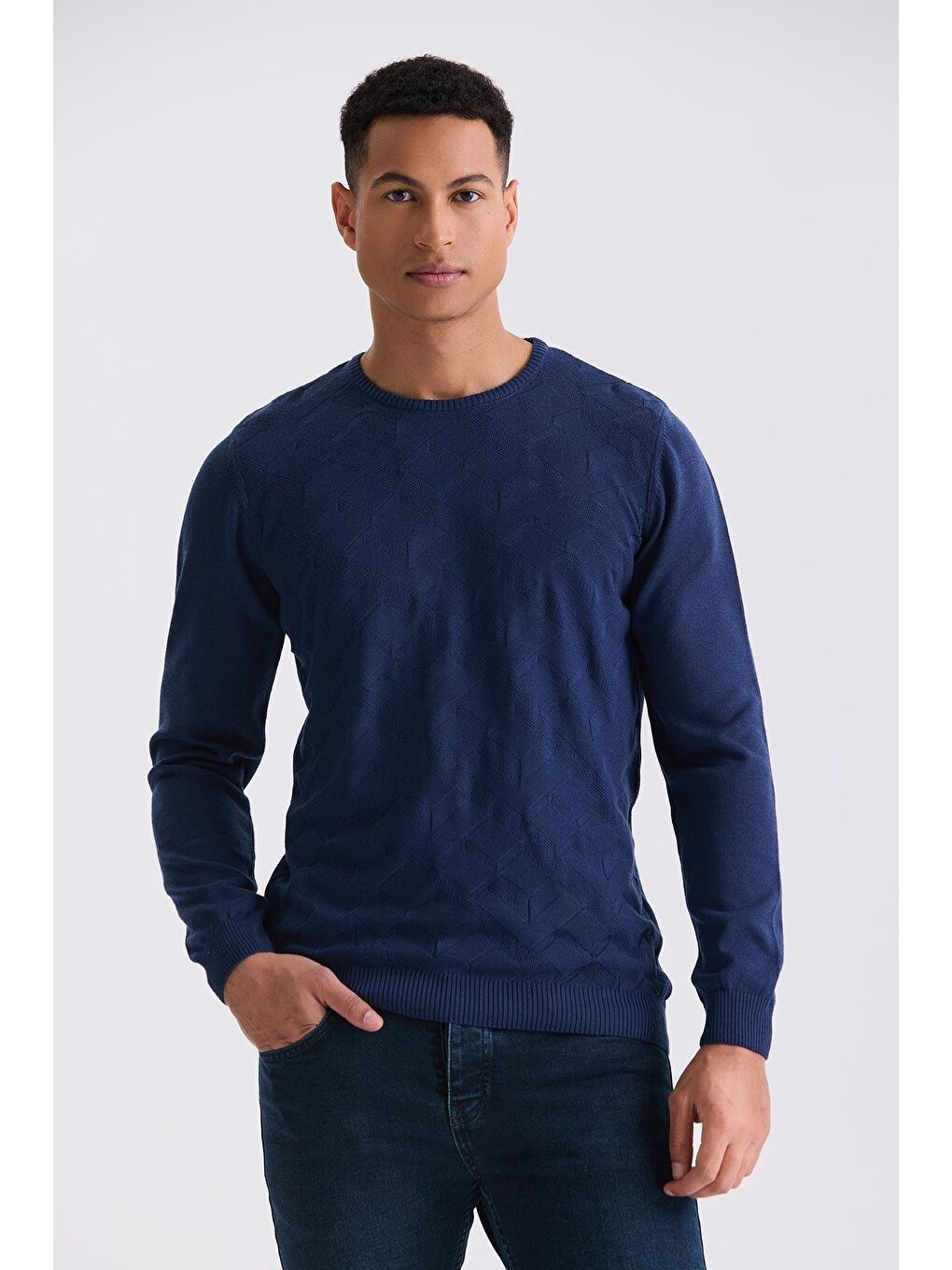 İndigo Slim Fit Bisiklet Yaka Desenli Triko Kazak