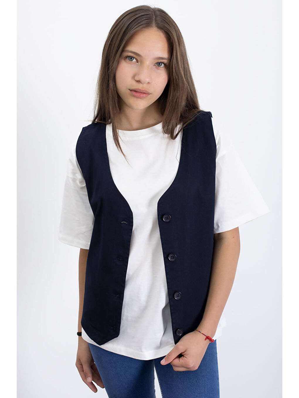 Lacivert Keten Düğmeli Yelekli Oversize Tişörtlü Kız Çocuk 2li Takım 21007-1