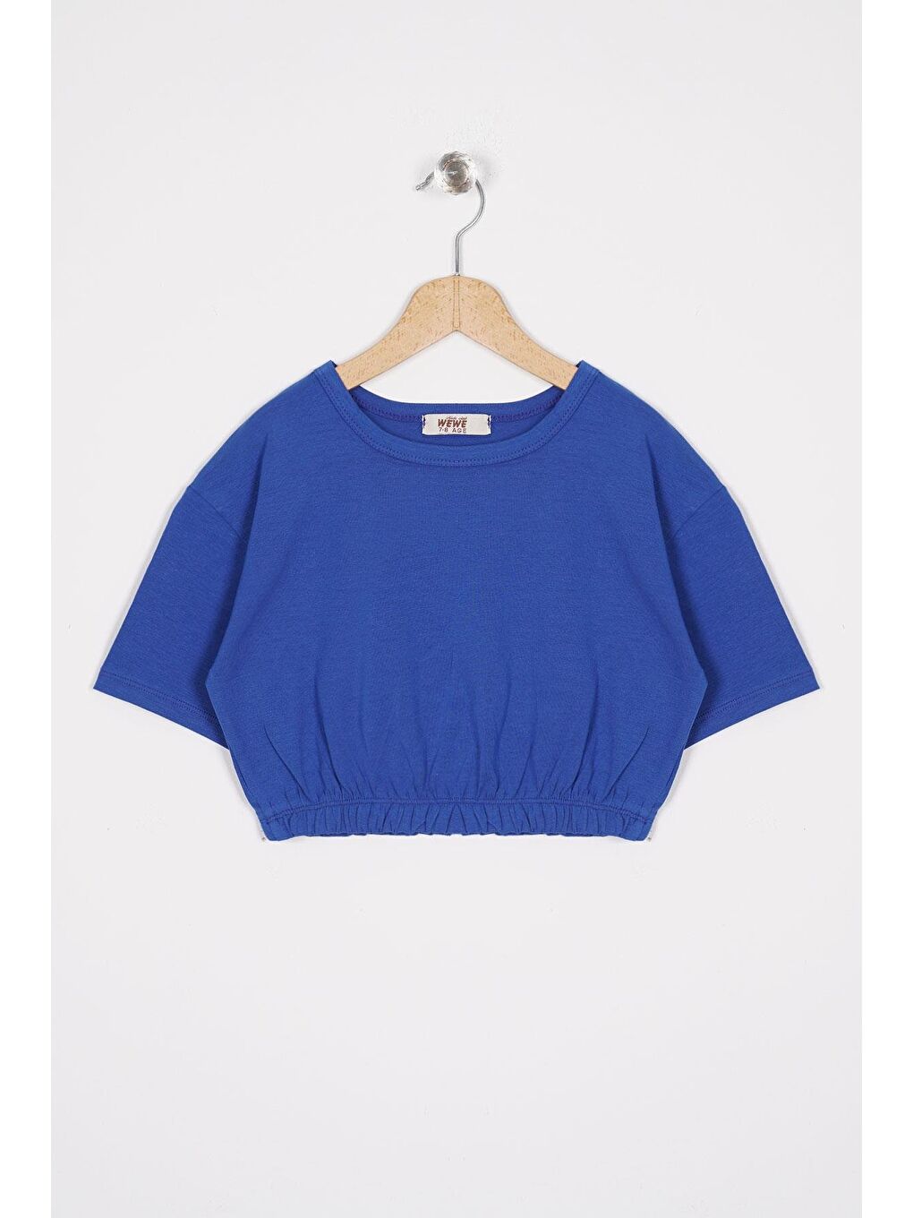 Mavi Bisiklet Yaka Kısa Kol Beli Lastikli Saks Renk Kız Çocuk Tshirt