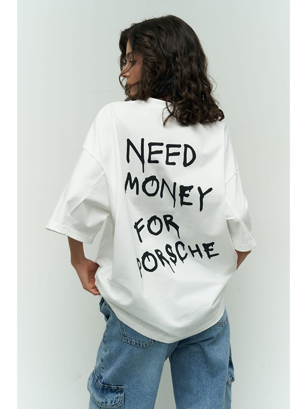 Mai Collection Need Money Beyaz Oversize T-Shirt