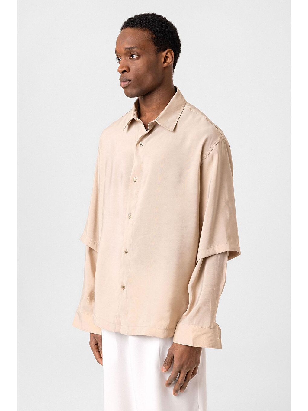Çift Kol Detaylı Oversize Gömlek Bej-3