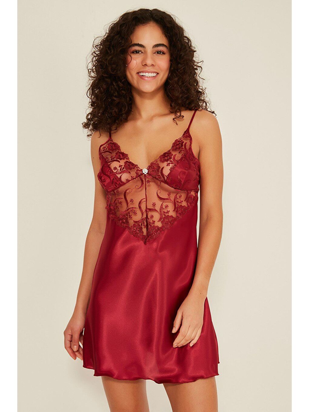 047 Kadın Saten Gecelik Sabahlık Takım Bordo-1