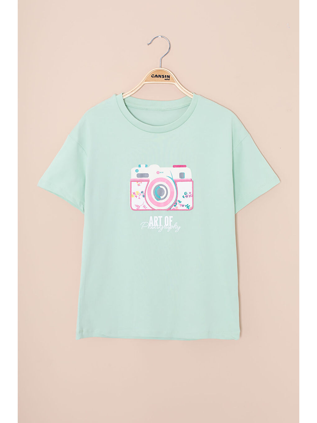 Yeşil Sırtı Yazılı Fotoğraf Baskılı Kız Çocuk Bisiklet Yaka Tişört 20978