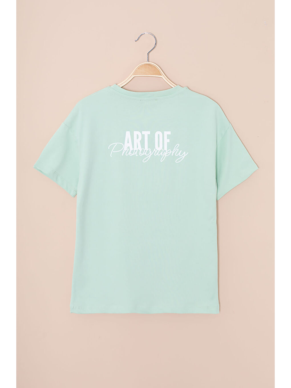 Yeşil Sırtı Yazılı Fotoğraf Baskılı Kız Çocuk Bisiklet Yaka Tişört 20978-1