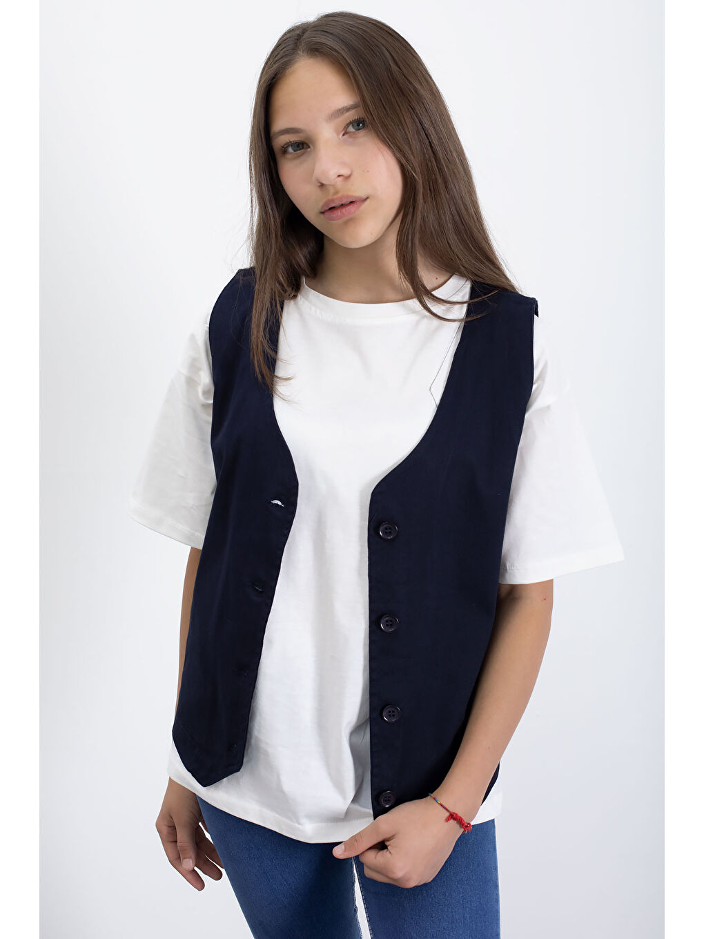 Lacivert Keten Düğmeli Yelekli Oversize Tişörtlü Kız Çocuk 2li Takım 21007-2