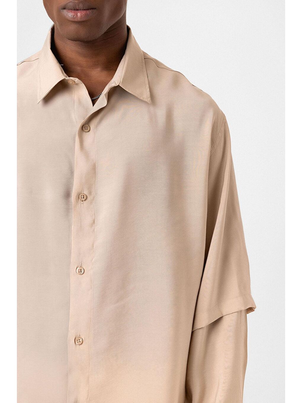 Çift Kol Detaylı Oversize Gömlek Bej-5