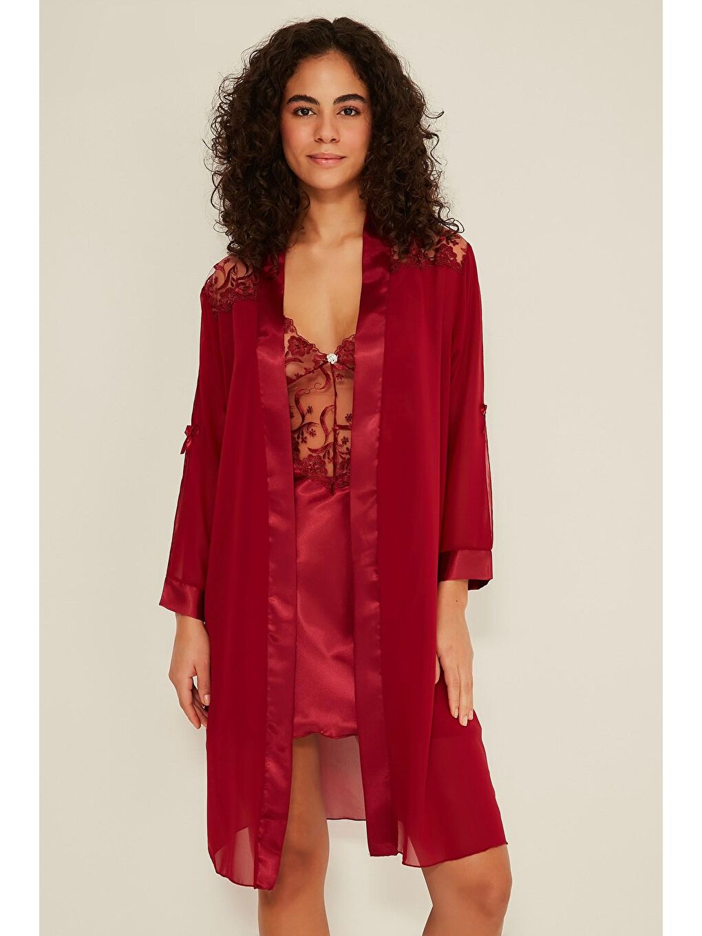 047 Kadın Saten Gecelik Sabahlık Takım Bordo-2