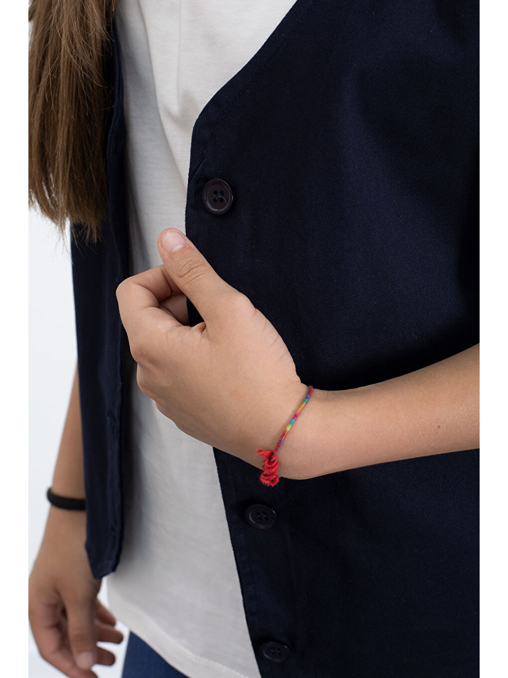 Lacivert Keten Düğmeli Yelekli Oversize Tişörtlü Kız Çocuk 2li Takım 21007-3