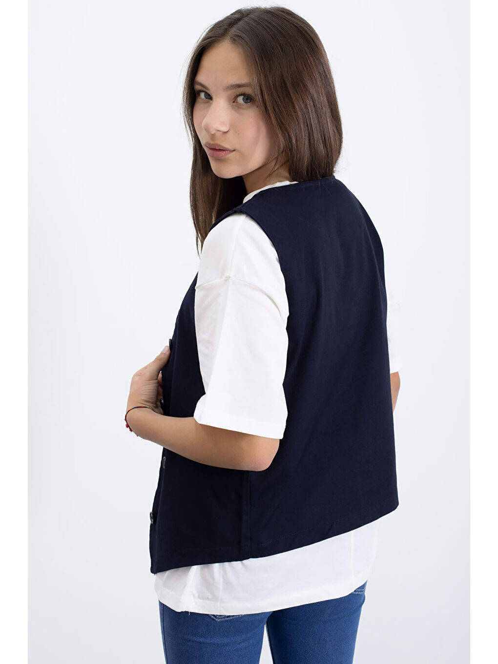 Lacivert Keten Düğmeli Yelekli Oversize Tişörtlü Kız Çocuk 2li Takım 21007-4