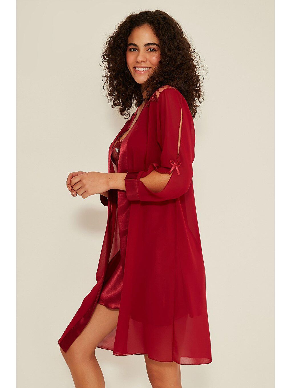 047 Kadın Saten Gecelik Sabahlık Takım Bordo-3