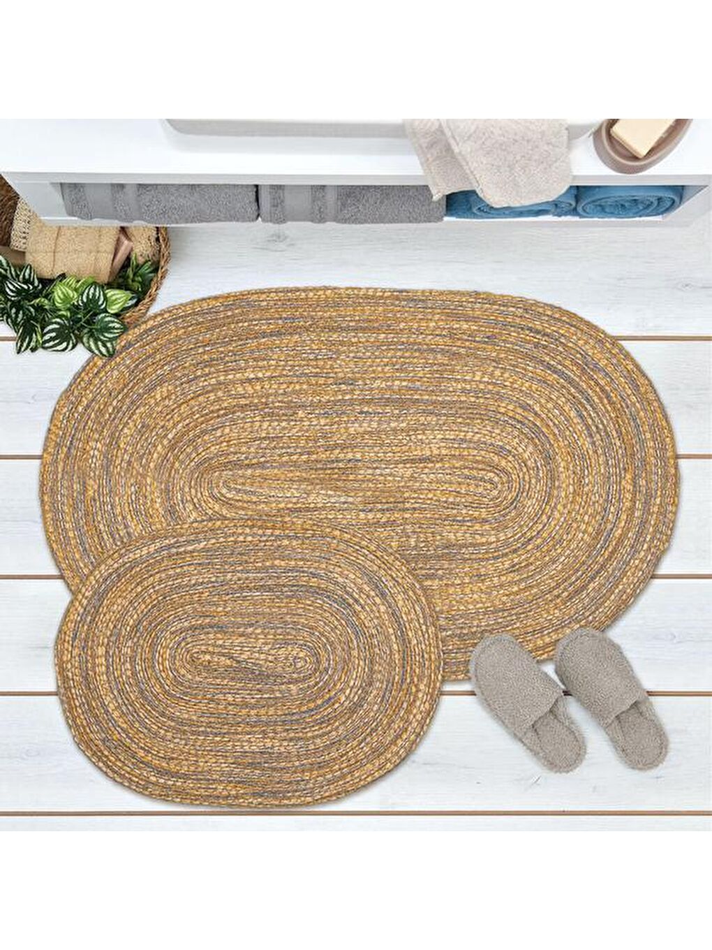 Beyaz Soft 2'li Jüt Banyo Paspası - Renkli - 60x100 cm + 50x60 cm