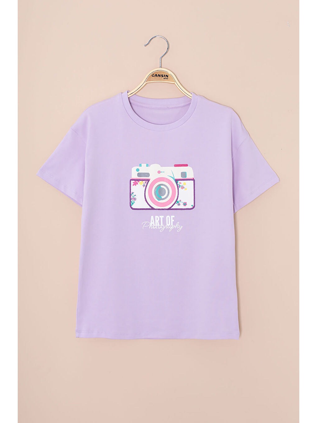 Lila Sırtı Yazılı Fotoğraf Baskılı Kız Çocuk Bisiklet Yaka Tişört 20977