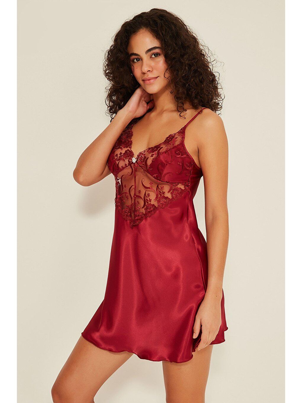 047 Kadın Saten Gecelik Sabahlık Takım Bordo-4