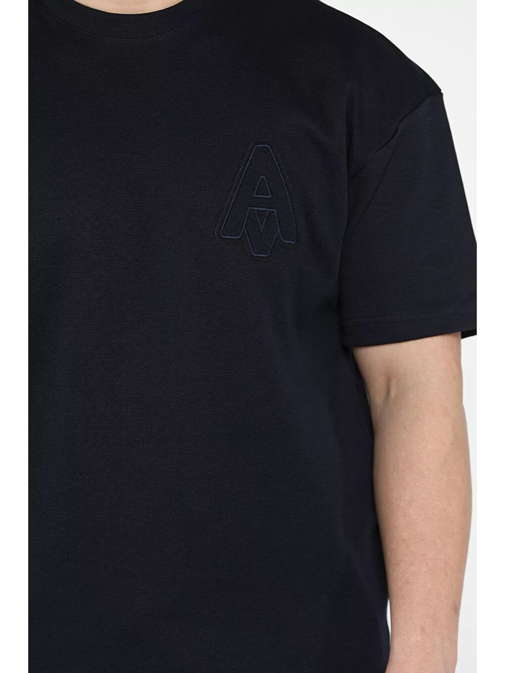 Lacivert Bisiklet Yaka Nakışlı Erkek Tişört-3