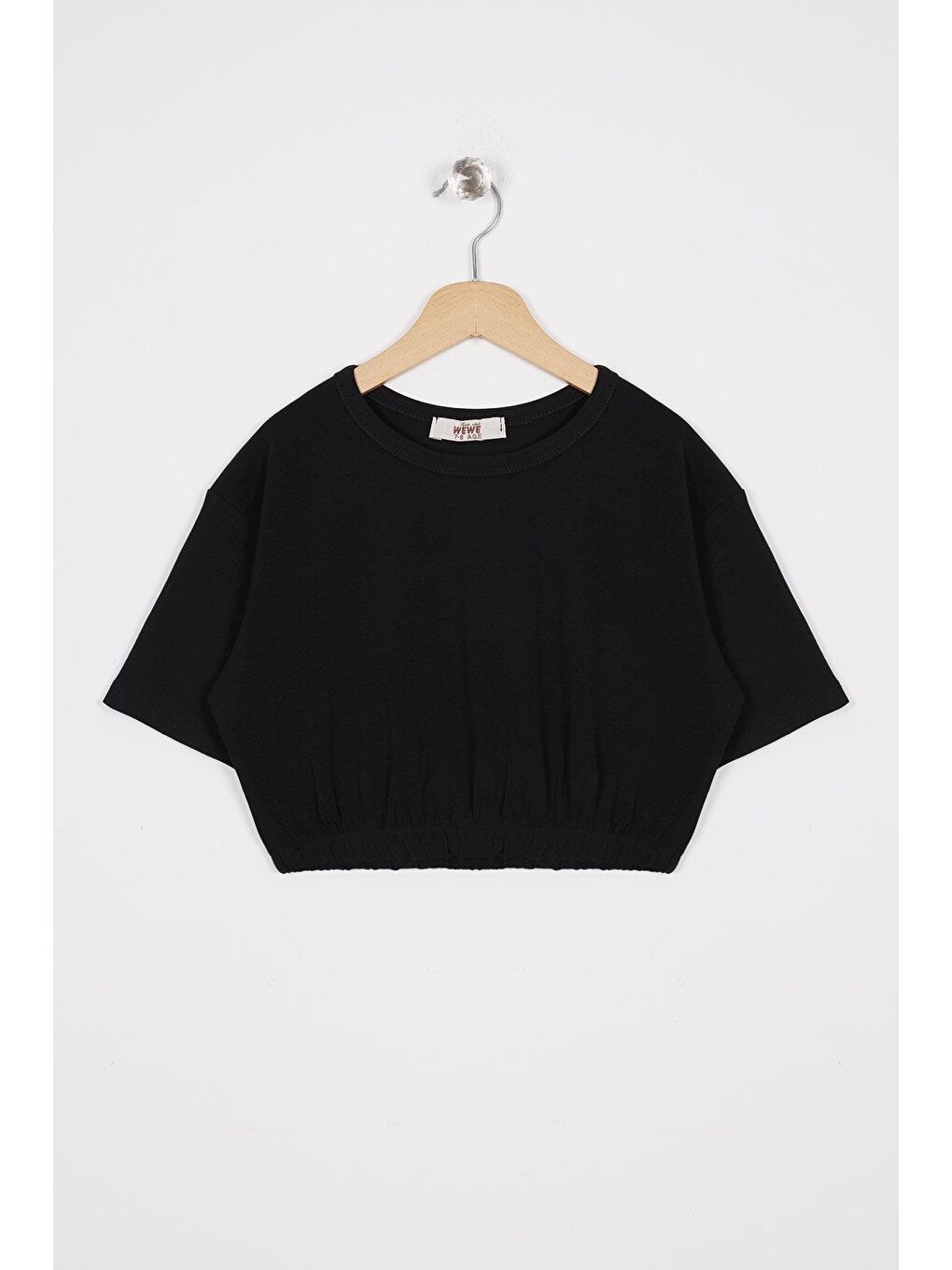 Bisiklet Yaka Kısa Kol Beli Lastikli Siyah Renk Kız Çocuk Tshirt