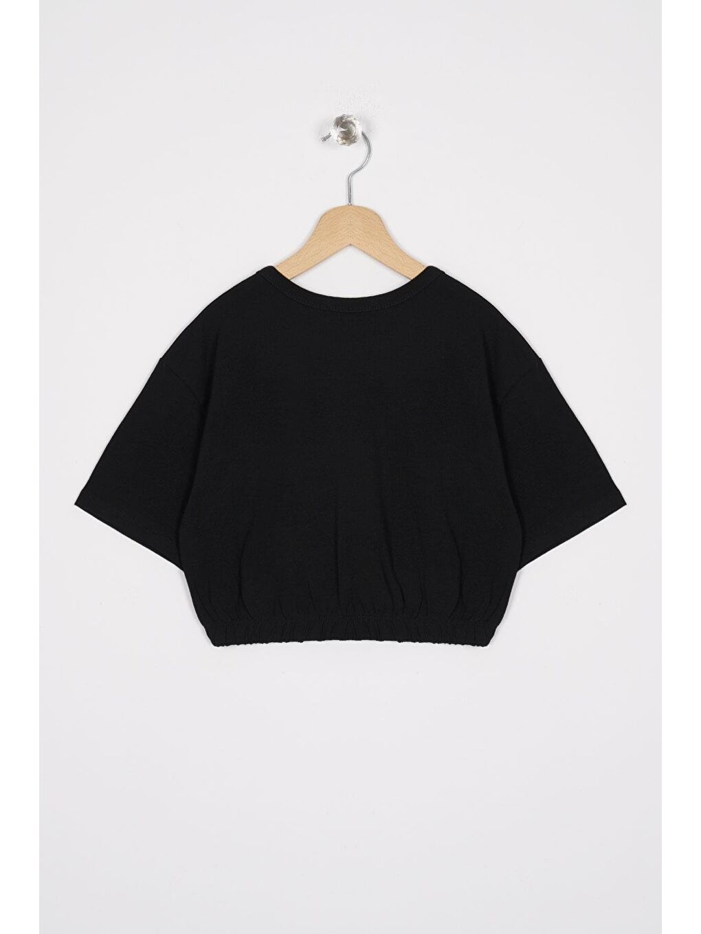Bisiklet Yaka Kısa Kol Beli Lastikli Siyah Renk Kız Çocuk Tshirt-2