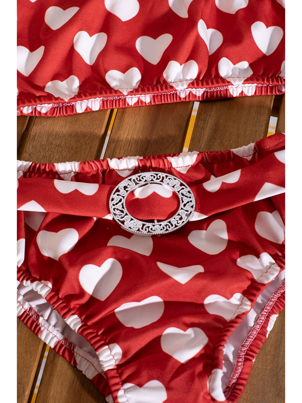 Kırmızı Kalp Desenli Kemer Detaylı Kız Çocuk Mayo Takımı 21070-2