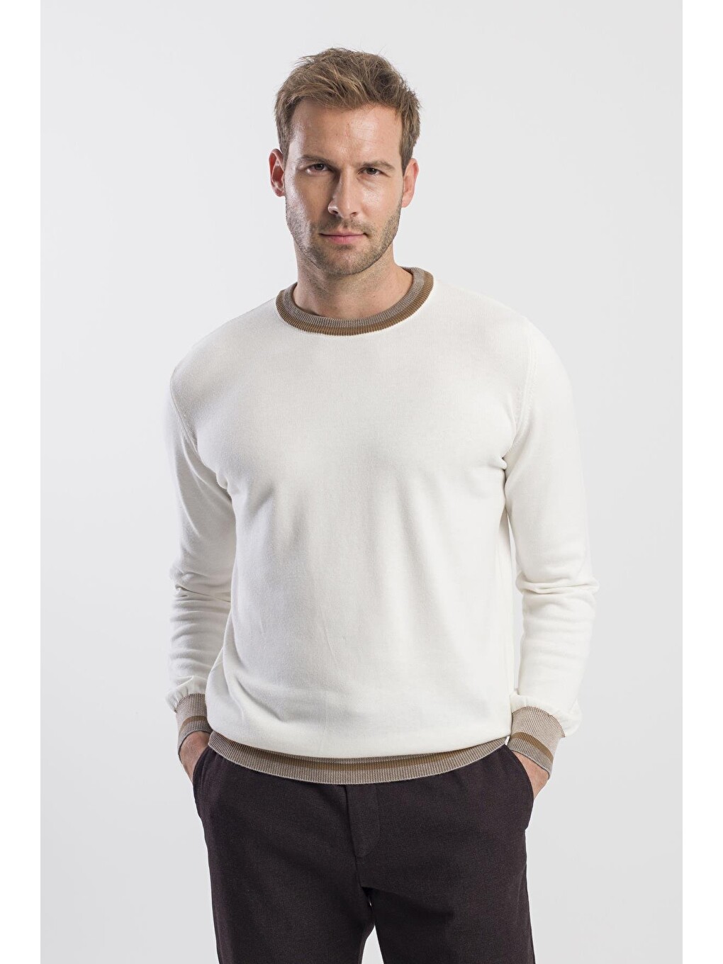 Ekru Slim Fit Bisiklet Yaka Triko Kazak-1