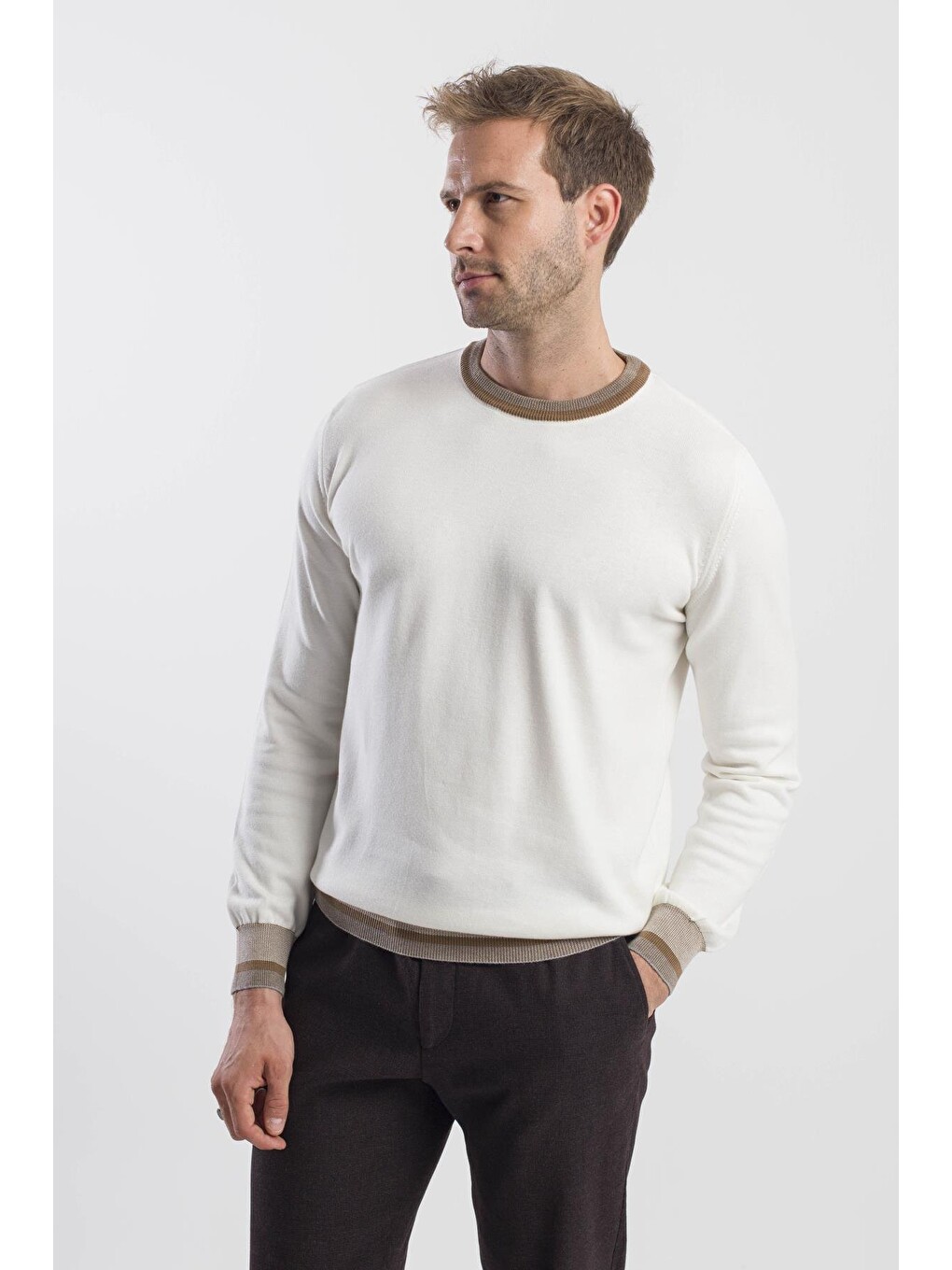 Ekru Slim Fit Bisiklet Yaka Triko Kazak-2