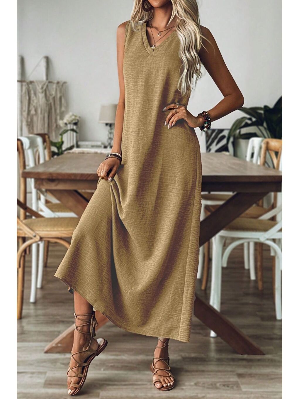 Bej Kadın Vizon V Yaka Kolsuz Maxi Boy Keten Elbise