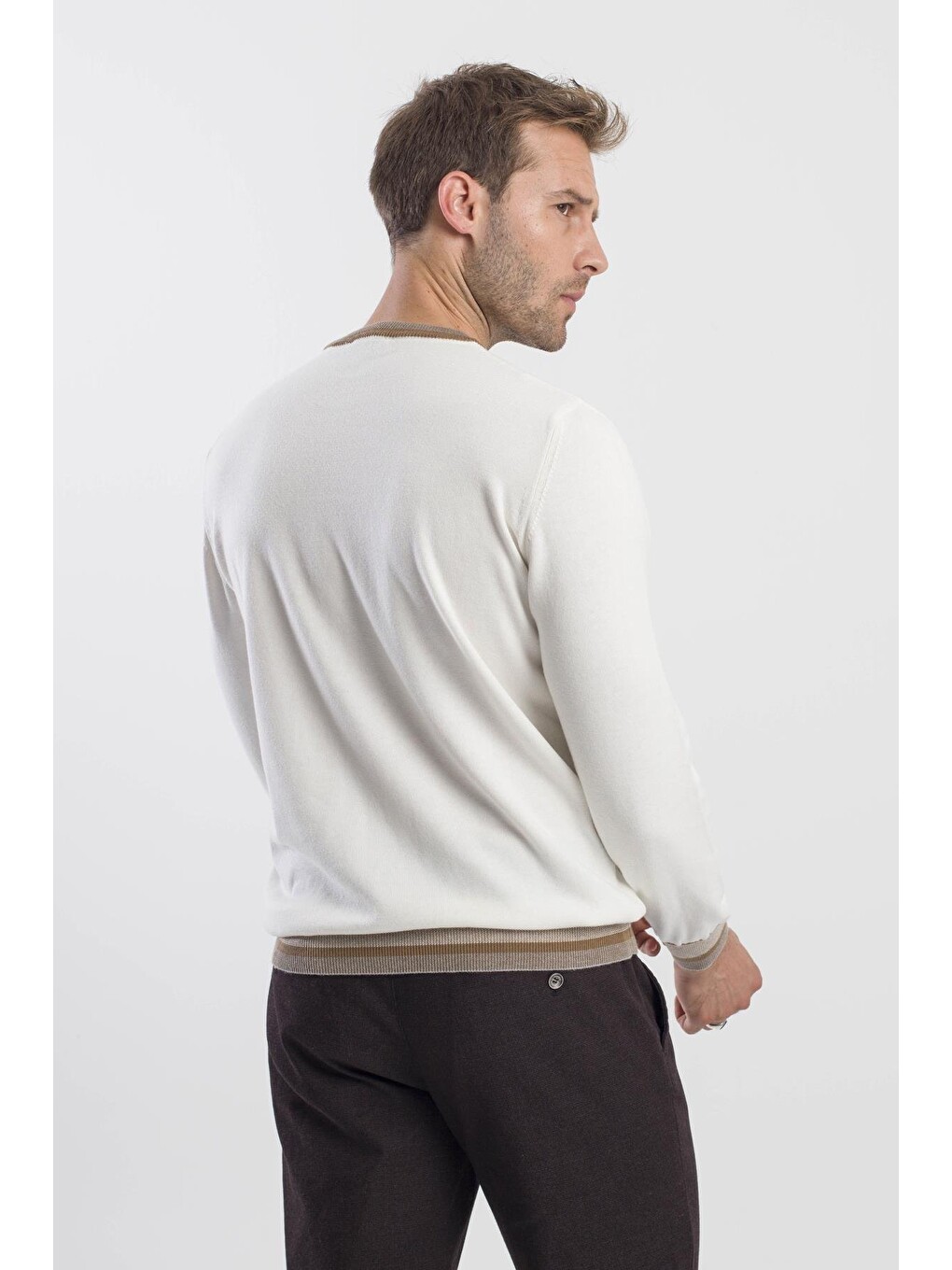 Ekru Slim Fit Bisiklet Yaka Triko Kazak-3
