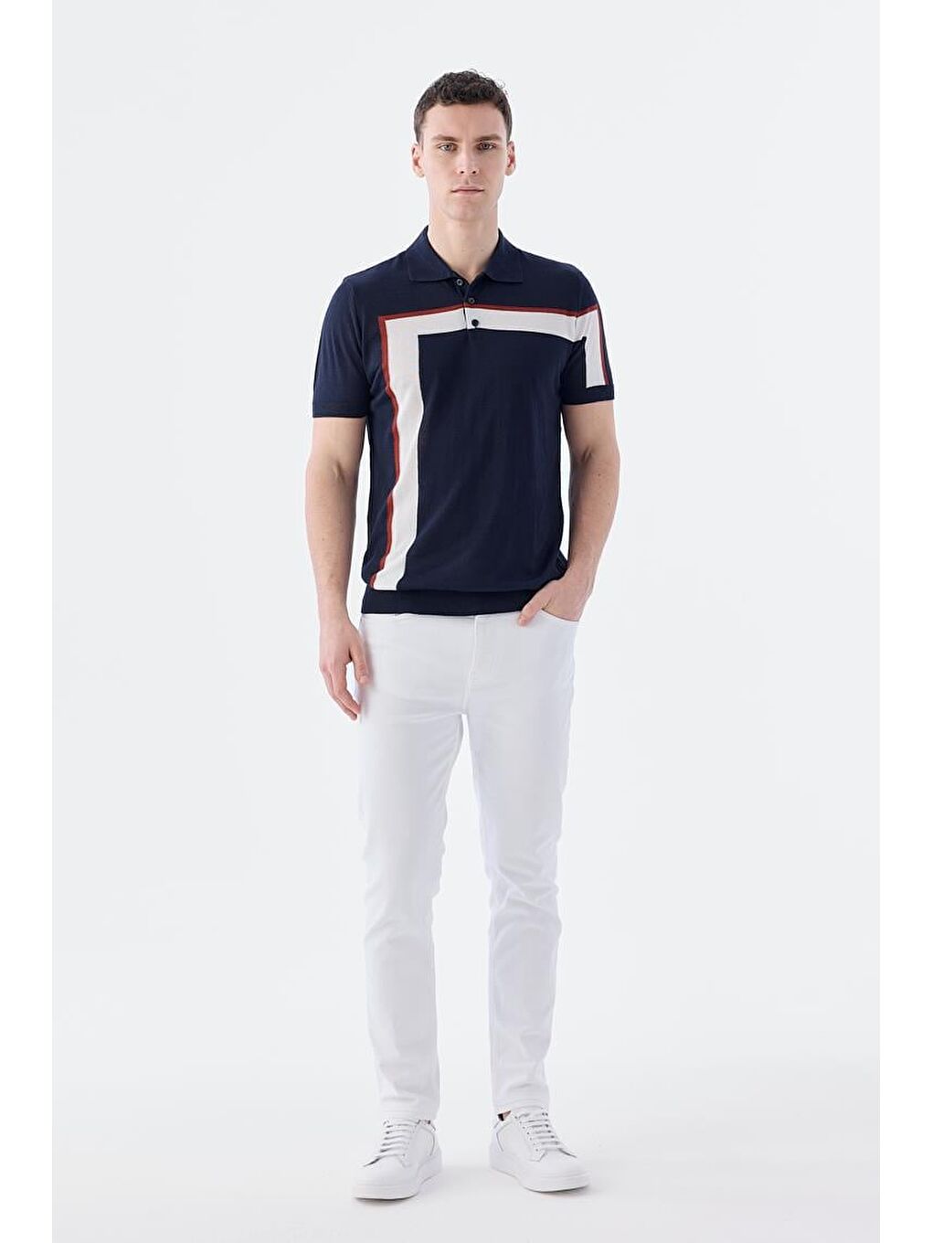 Lacivert Slim Fit Şerit Detaylı Polo Yaka T-Shirt-1
