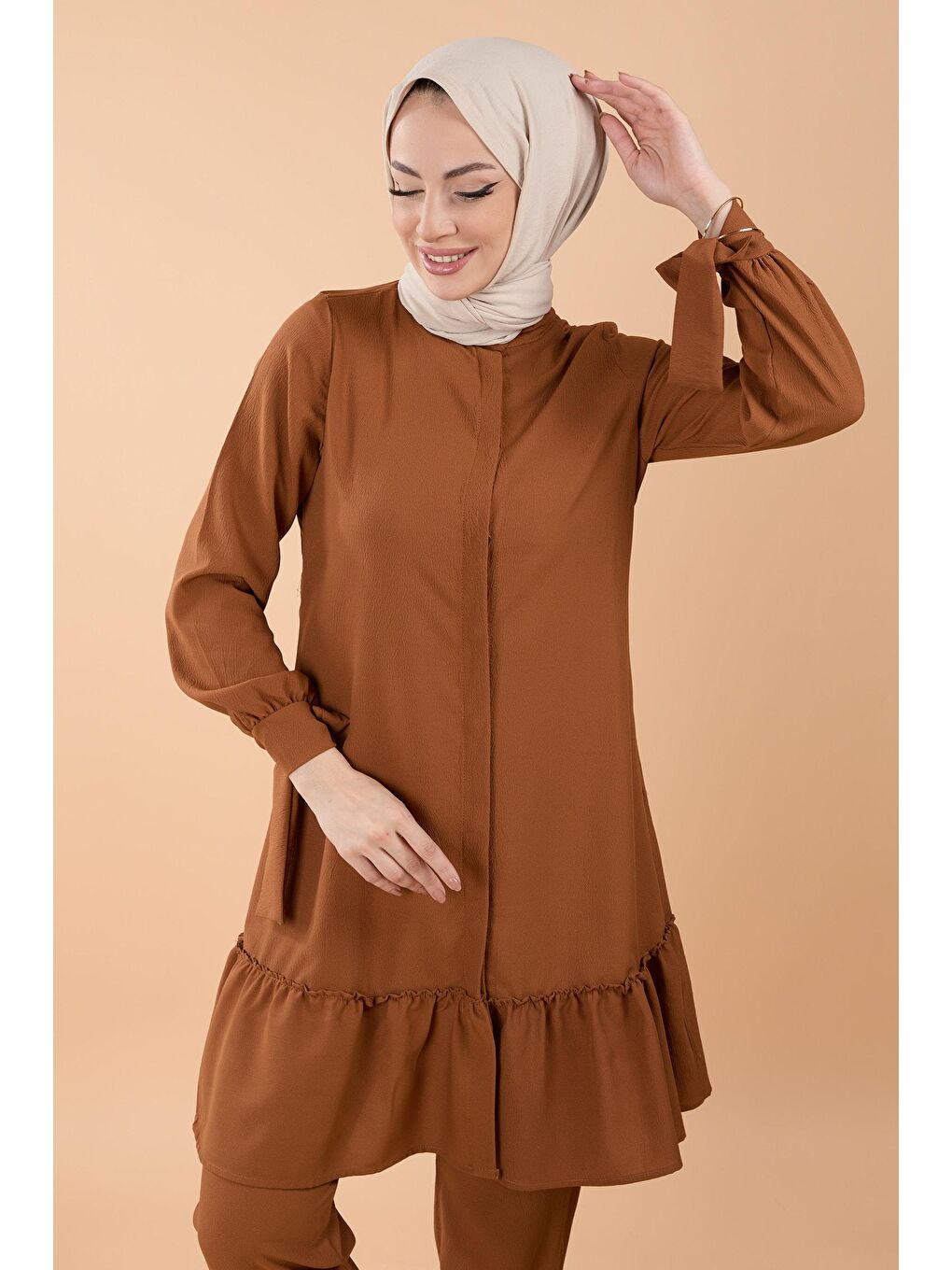 Kahverengi Hakim Yaka Kadın Taba Tunik Pantolon - 13063-1