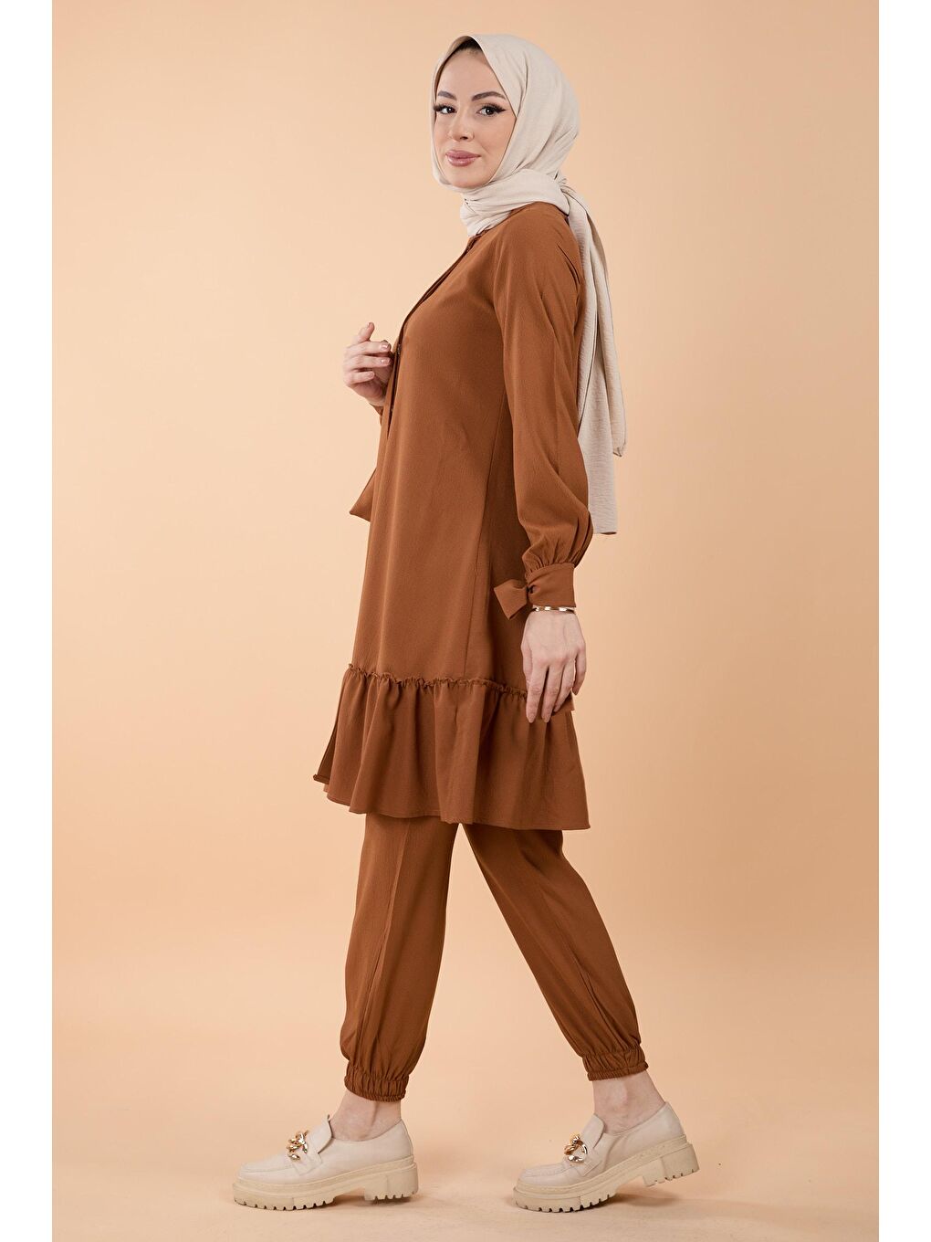 Kahverengi Hakim Yaka Kadın Taba Tunik Pantolon - 13063-2