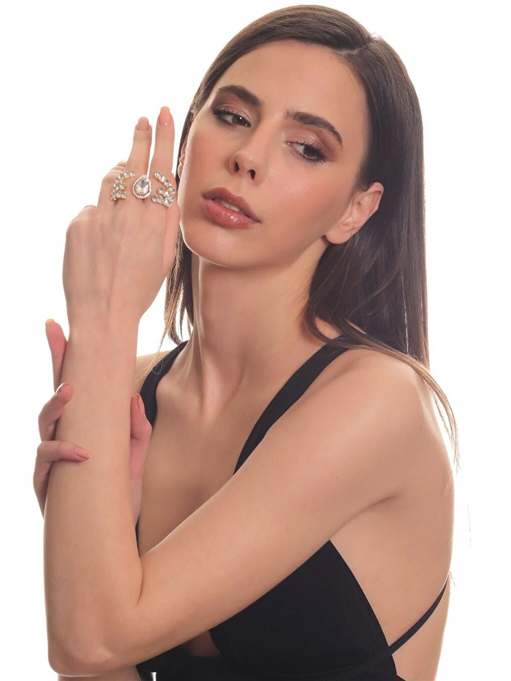 Sarı Kadın Altın Renk Lak Kaplama Damla Formlu Zirkon Taşlı 2 Parmak Sultan Yüzük-5