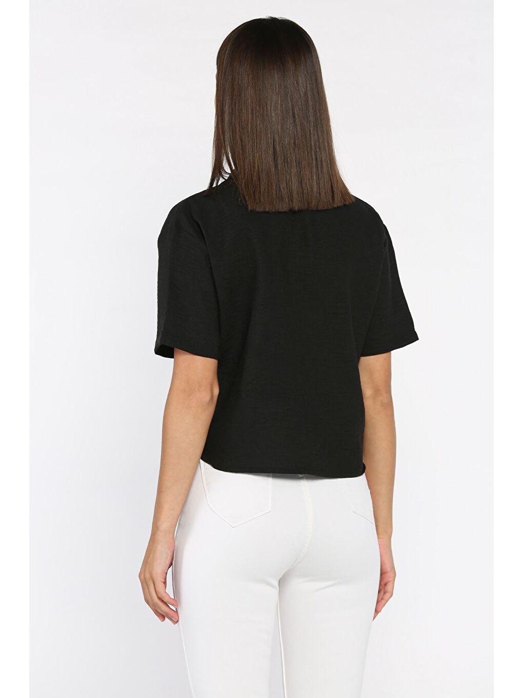 Siyah Kadın Nakışlı Keten Gömlek-2