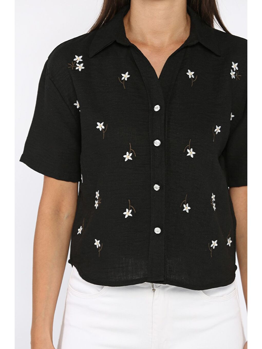 Siyah Kadın Nakışlı Keten Gömlek-3
