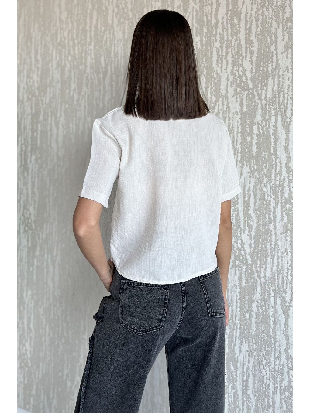 Bej Kadın Nakışlı Keten Gömlek-2