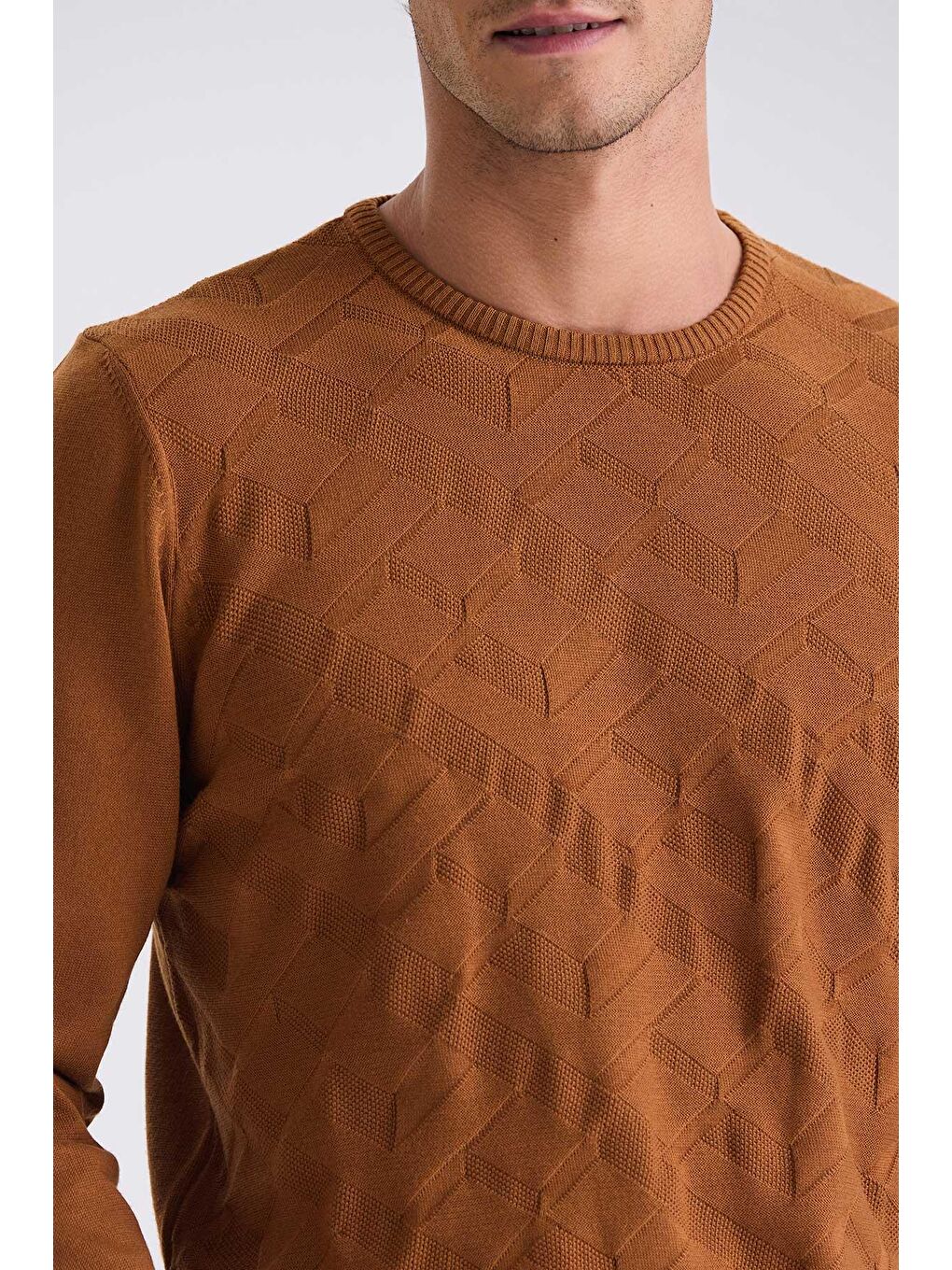 Kahverengi Tarçın Slim Fit Bisiklet Yaka Desenli Triko Kazak-2