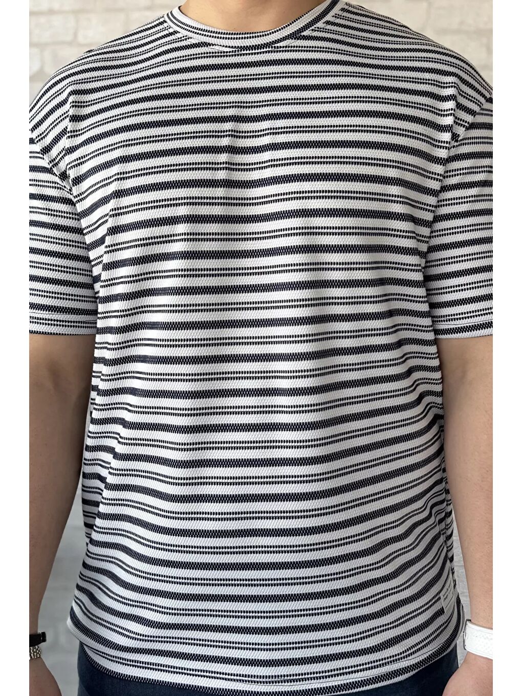 Lacivert Bisiklet Yaka Çizgi Desenli Erkek Tişört-3