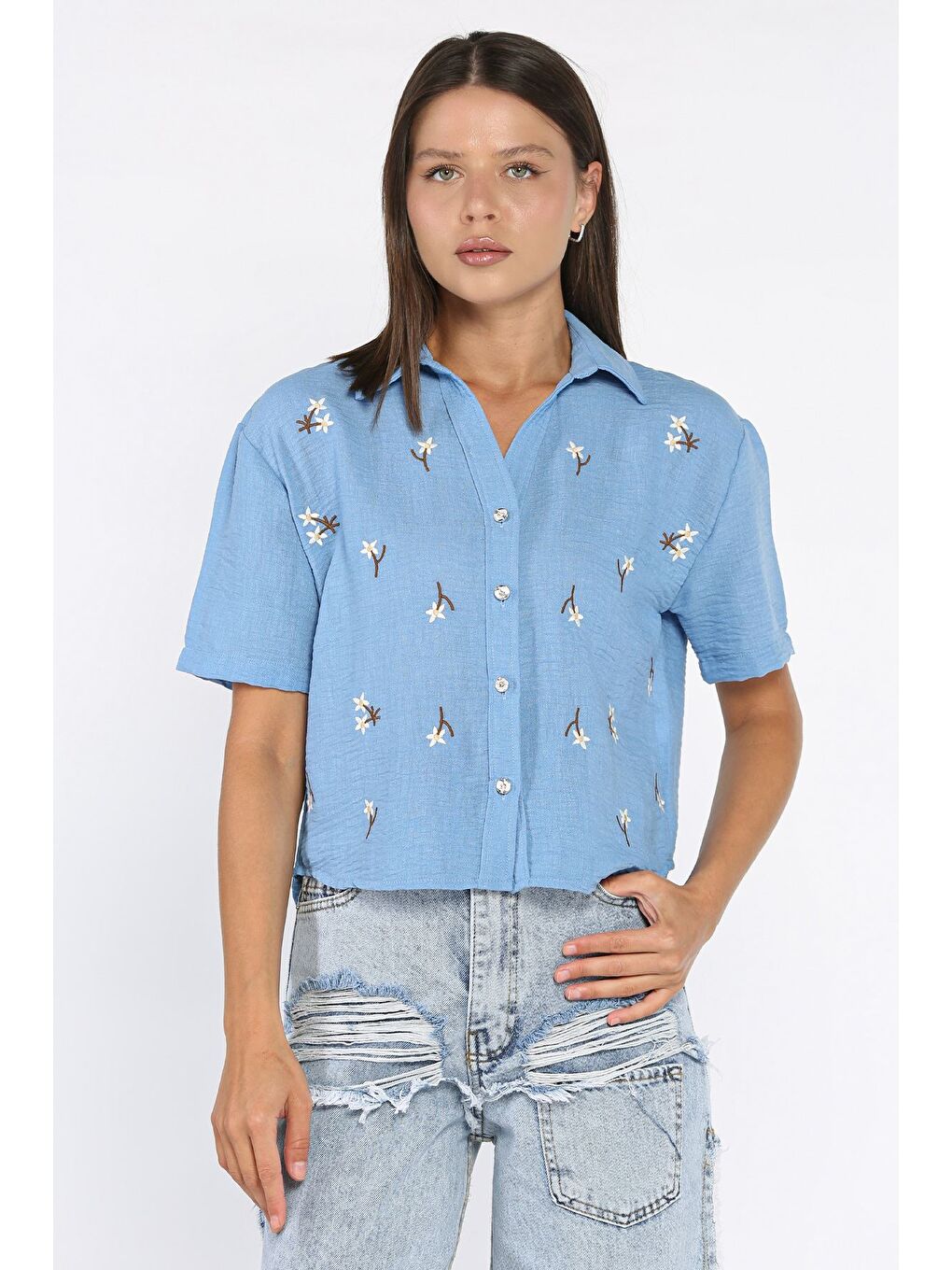 İndigo Kadın Nakışlı Keten Gömlek