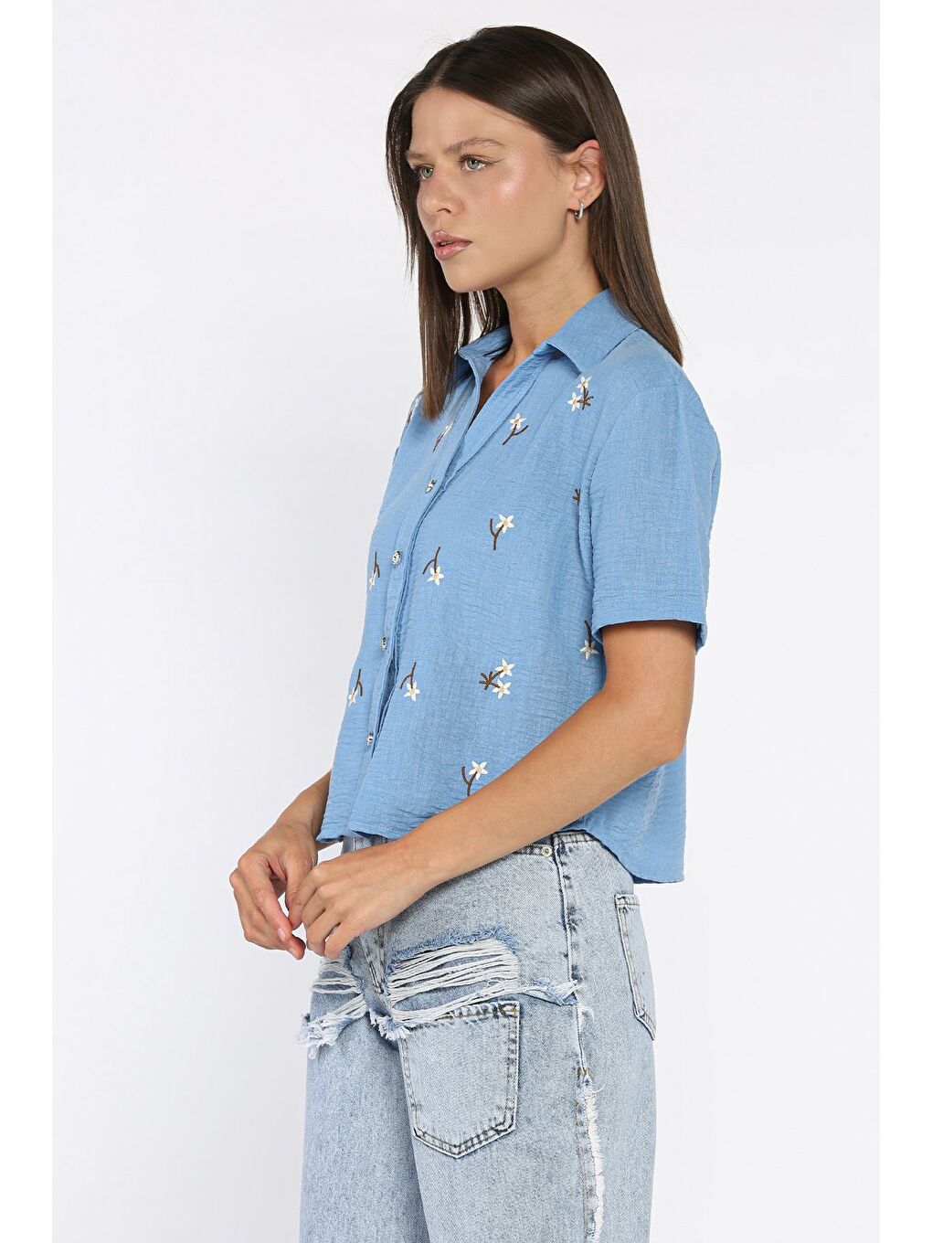 İndigo Kadın Nakışlı Keten Gömlek-1