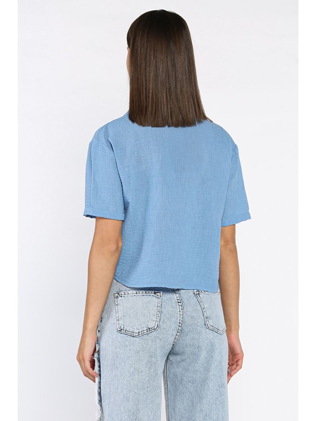 İndigo Kadın Nakışlı Keten Gömlek-2