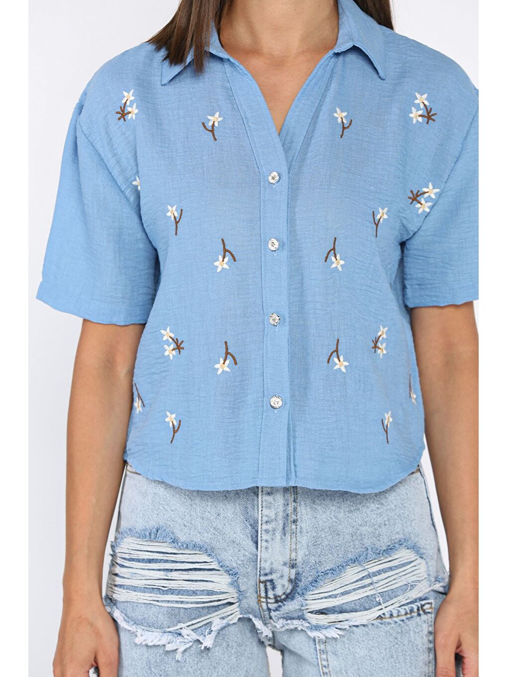 İndigo Kadın Nakışlı Keten Gömlek-3