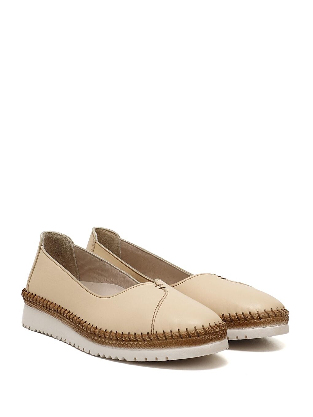 Bej BEJ  Hakiki Deri Yuvarlak Burun Kadın Babet Ayakkabı 42138-1