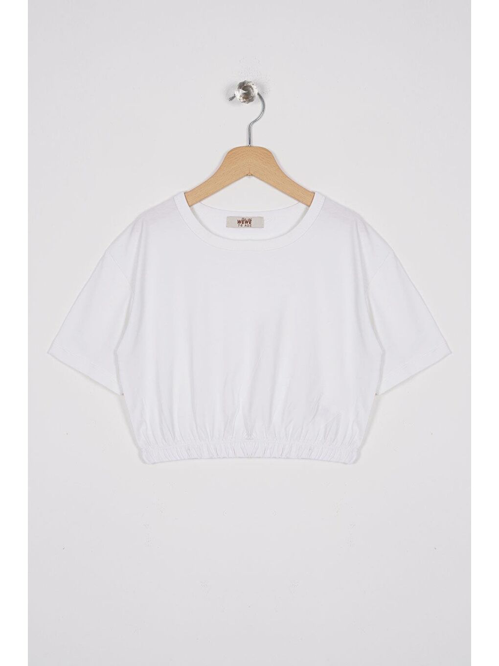 Bisiklet Yaka Kısa Kol Beli Lastikli Ekru Renk Kız Çocuk Tshirt