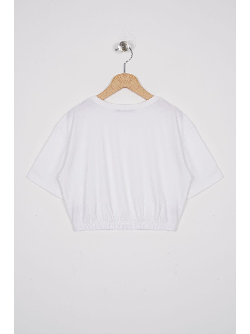 Bisiklet Yaka Kısa Kol Beli Lastikli Ekru Renk Kız Çocuk Tshirt-2