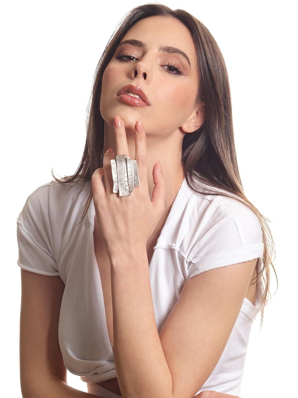 Gri Kadın Antik Gümüş Kaplama Ayarlanabilir Kabartma Dokulu Bohem Yüzük-2