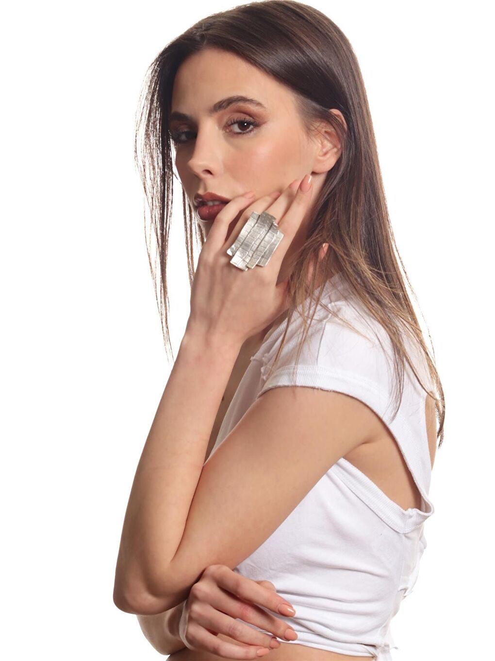 Gri Kadın Antik Gümüş Kaplama Ayarlanabilir Kabartma Dokulu Bohem Yüzük-3