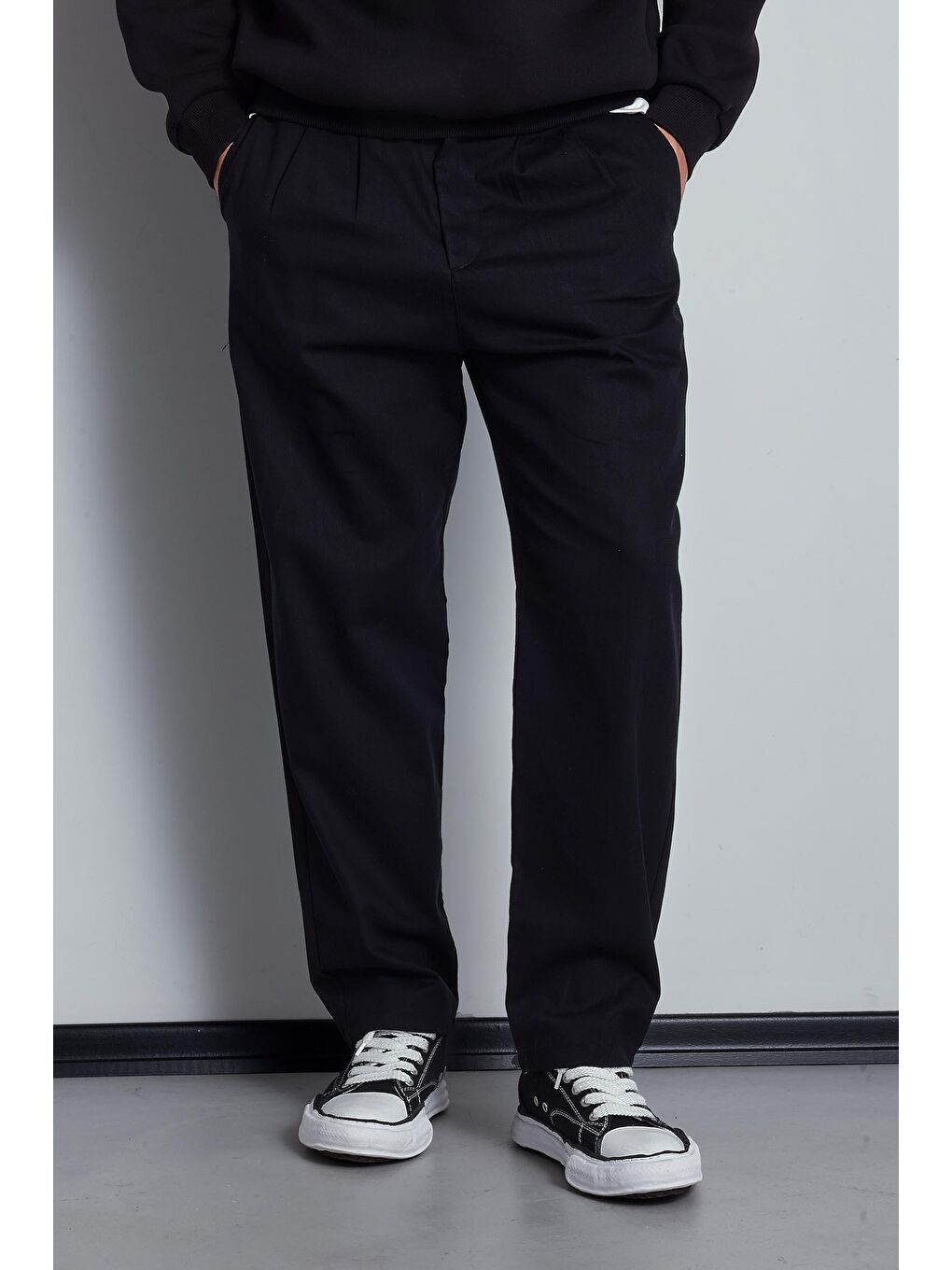 Erkek Beli Lastikli Desenli Baggy Pantolon Siyah-1