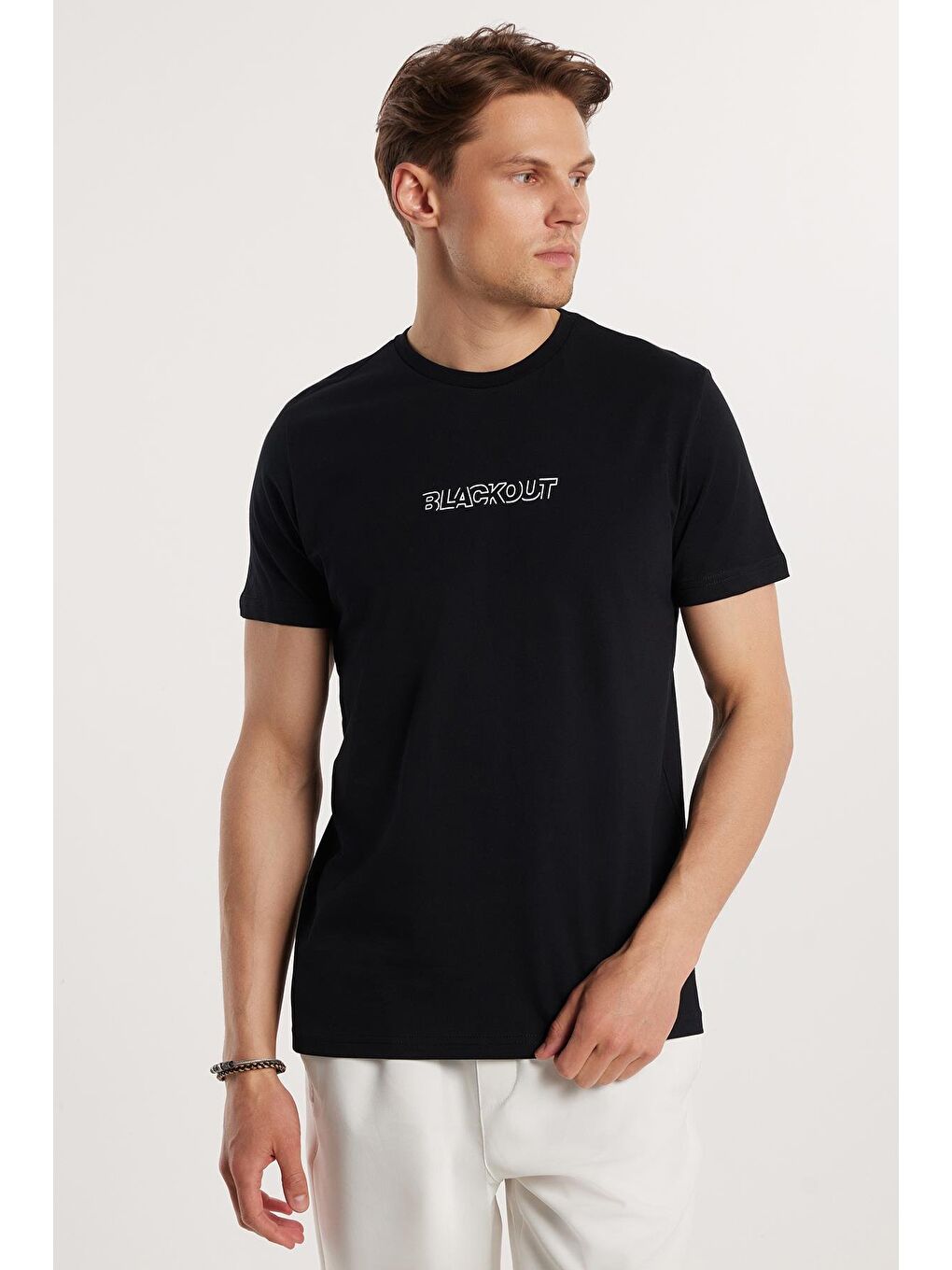 Erkek Slim Fit Dar Kesim %100 Pamuk Yumuşak Dokulu Baskılı Siyah Bisiklet Yaka Tişört