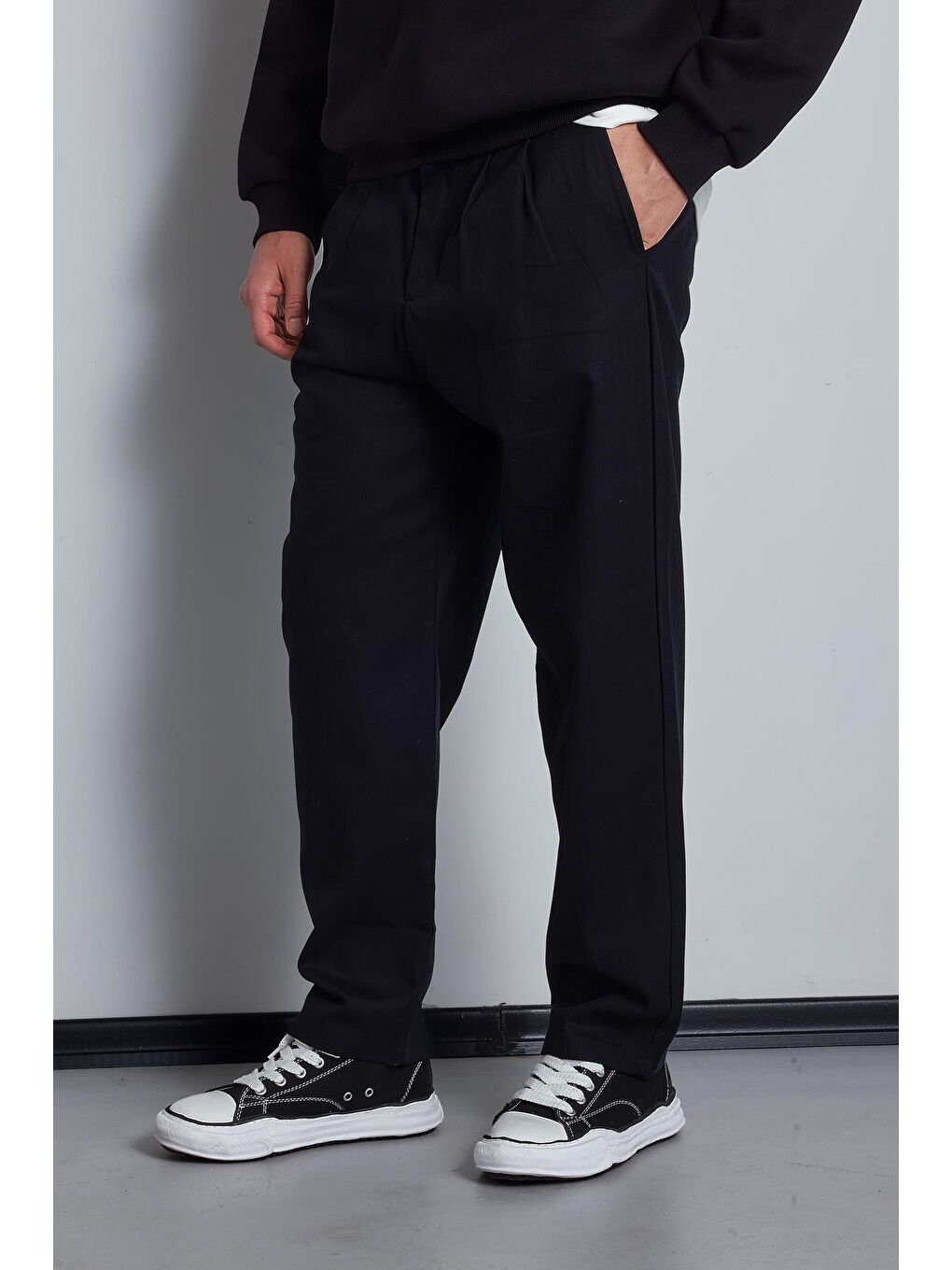 Erkek Beli Lastikli Desenli Baggy Pantolon Siyah-2