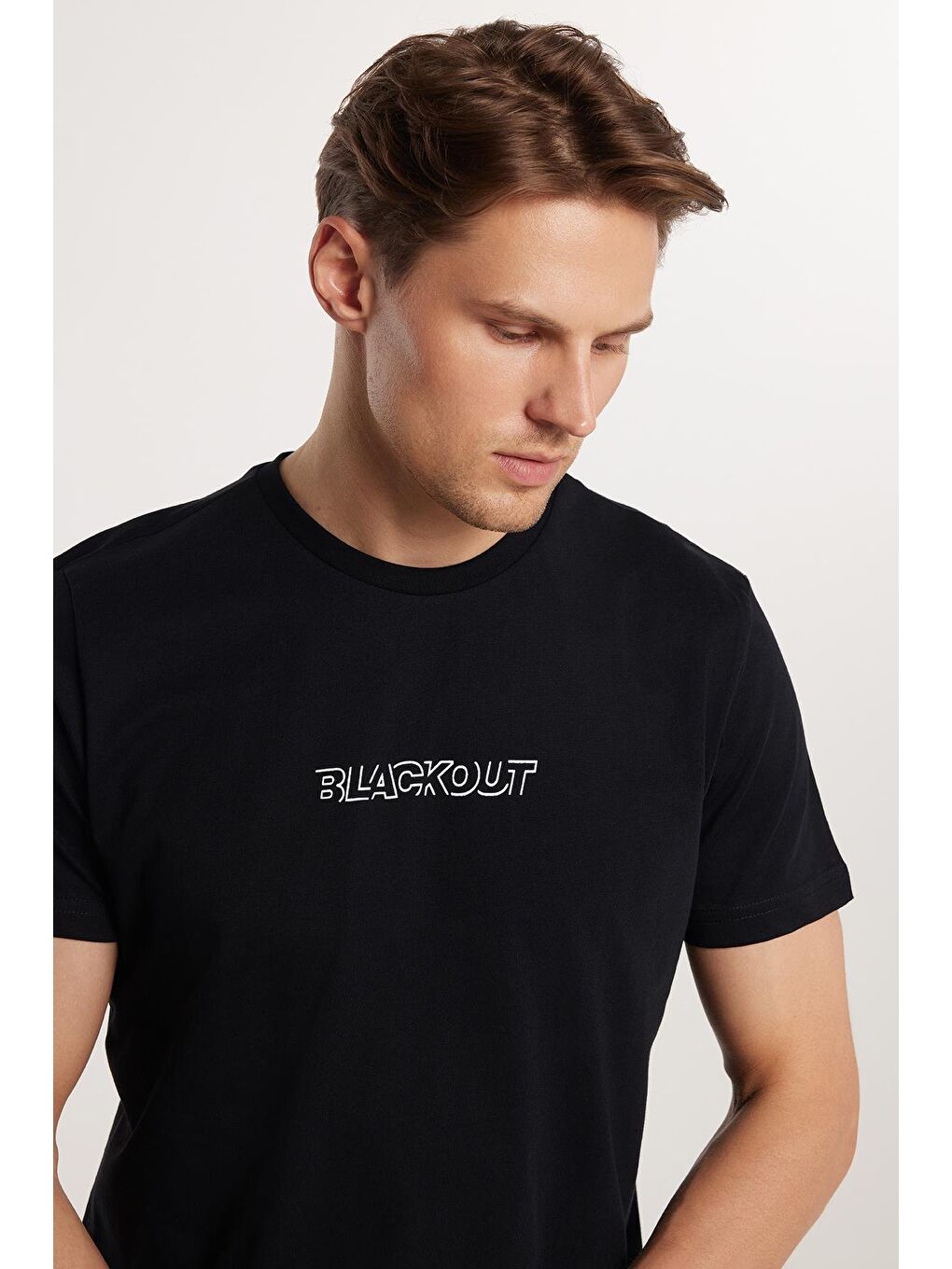 Erkek Slim Fit Dar Kesim %100 Pamuk Yumuşak Dokulu Baskılı Siyah Bisiklet Yaka Tişört-1